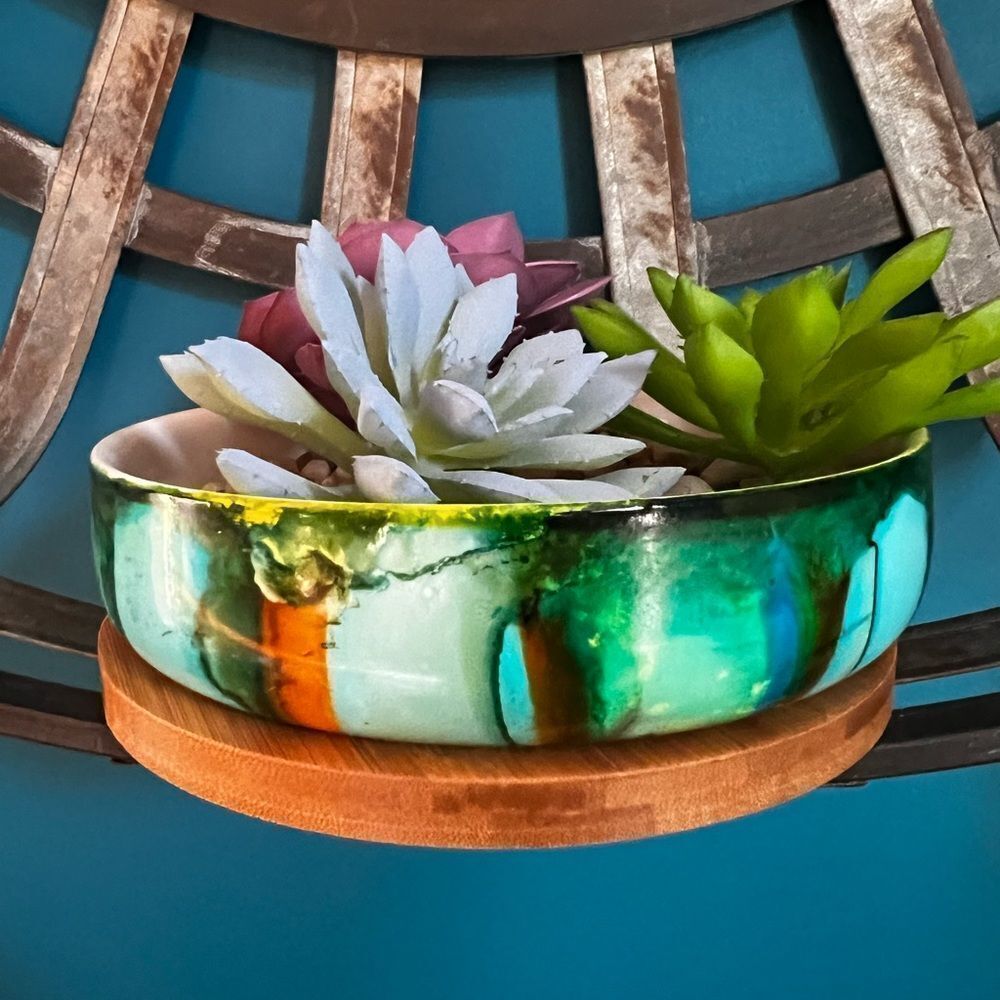 Hand-Painted Ceramic Succulent Planter with Bamboo Tray